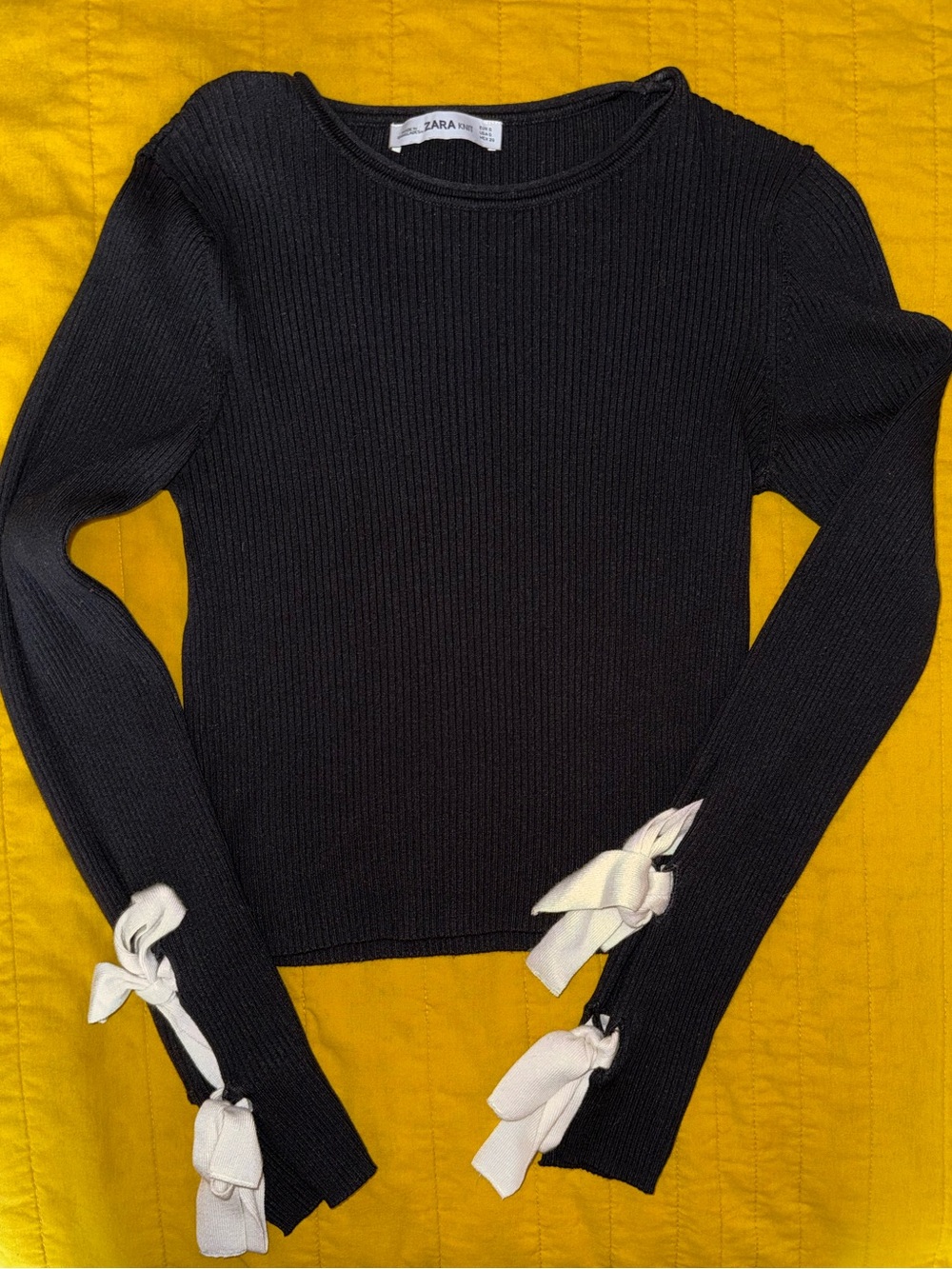 Zara Black Ribbed Long-Sleeve Top with White Sleeve Bows